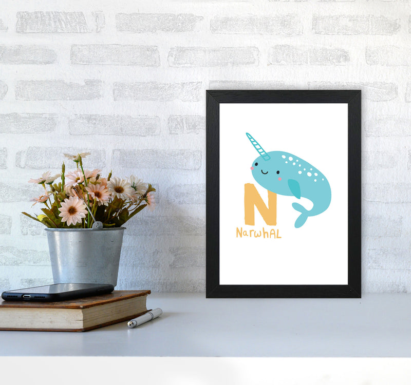 Alphabet Animals, N Is For Narwhal Framed Nursey Wall Art Print A4 White Frame
