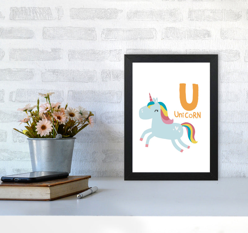 Alphabet Animals, U Is For Unicorn Framed Nursey Wall Art Print A4 White Frame
