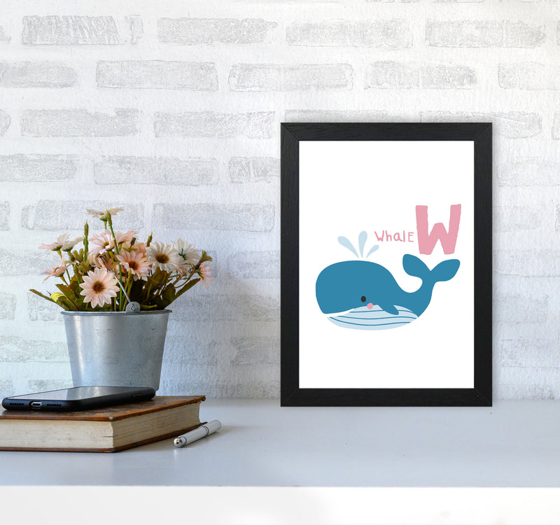 Alphabet Animals, W Is For Whale Framed Nursey Wall Art Print A4 White Frame