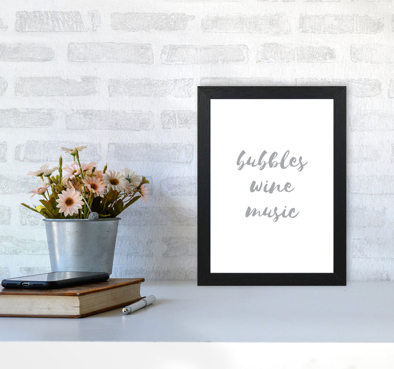 Bubbles Wine Music Grey, Bathroom Framed Typography Wall Art Print A4 White Frame