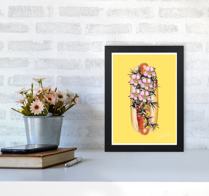 Yellow Hot Dog Food Print, Framed Kitchen Wall Art A4 White Frame