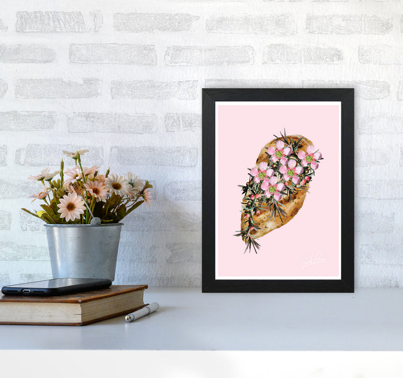 Pink Chicken Floral Food Print, Framed Kitchen Wall Art A4 White Frame