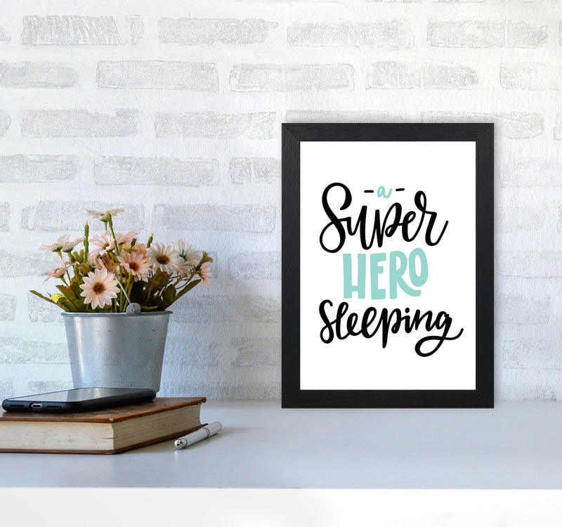 Superhero Sleeping Mint And Black Framed Nursey Wall Art Print A4 White Frame