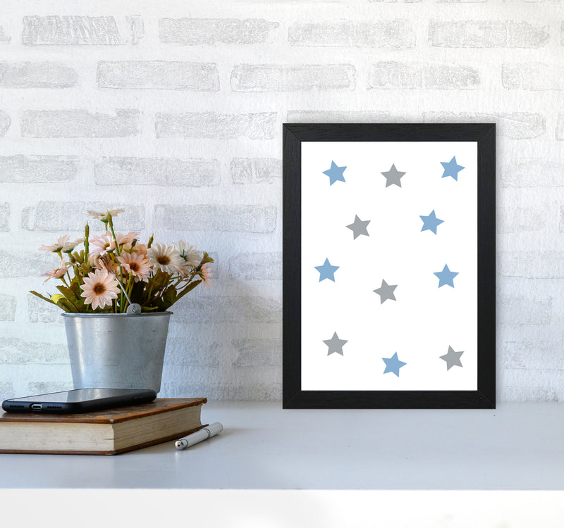 Blue And Grey Stars Framed Nursey Wall Art Print A4 White Frame