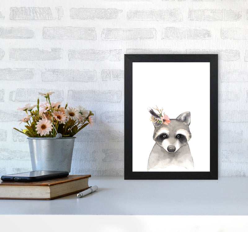 Forest Friends, Floral Cute Raccoon Modern Print Animal Art Print A4 White Frame
