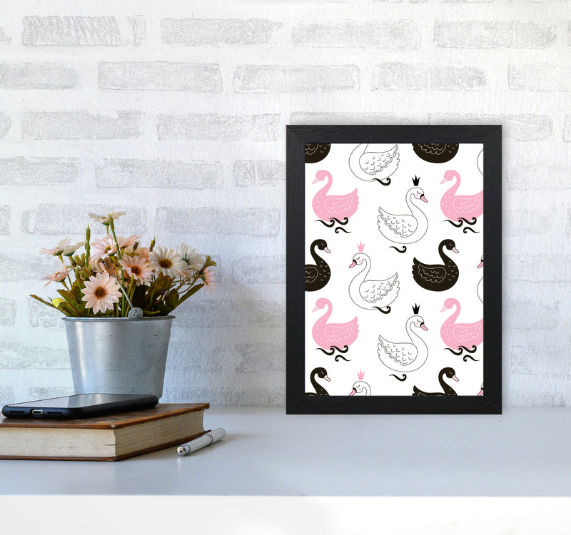 Pink Black And White Swan Pattern Modern Print Animal Art Print A4 White Frame