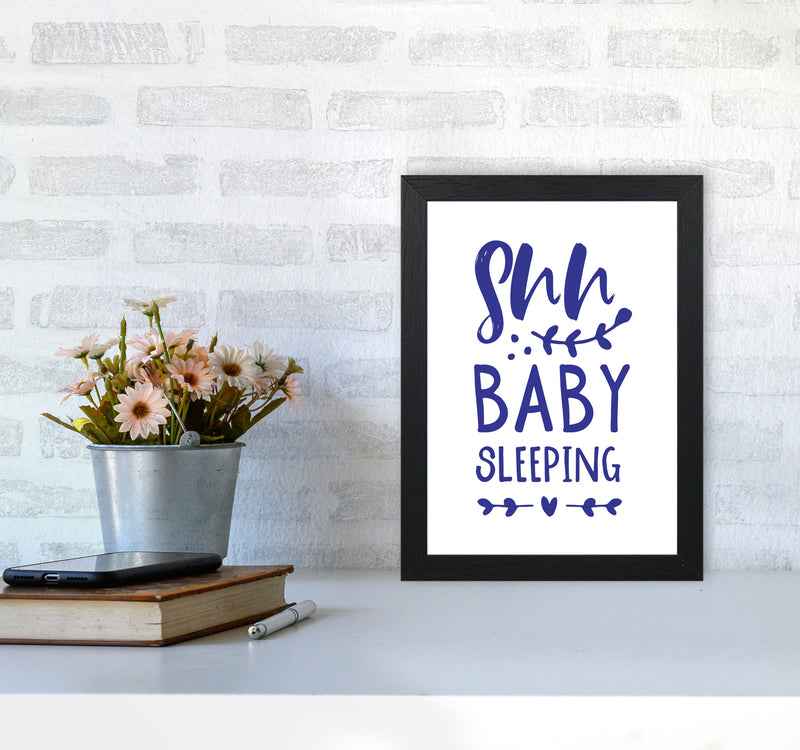 Shh Baby Sleeping Navy Framed Nursey Wall Art Print A4 White Frame