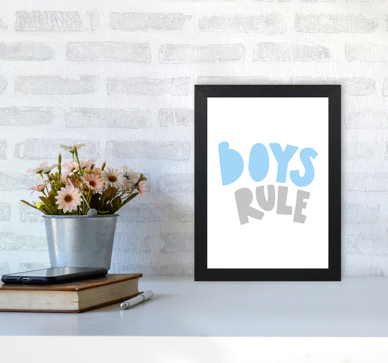 Boys Rule Grey And Light Blue Framed Typography Wall Art Print A4 White Frame