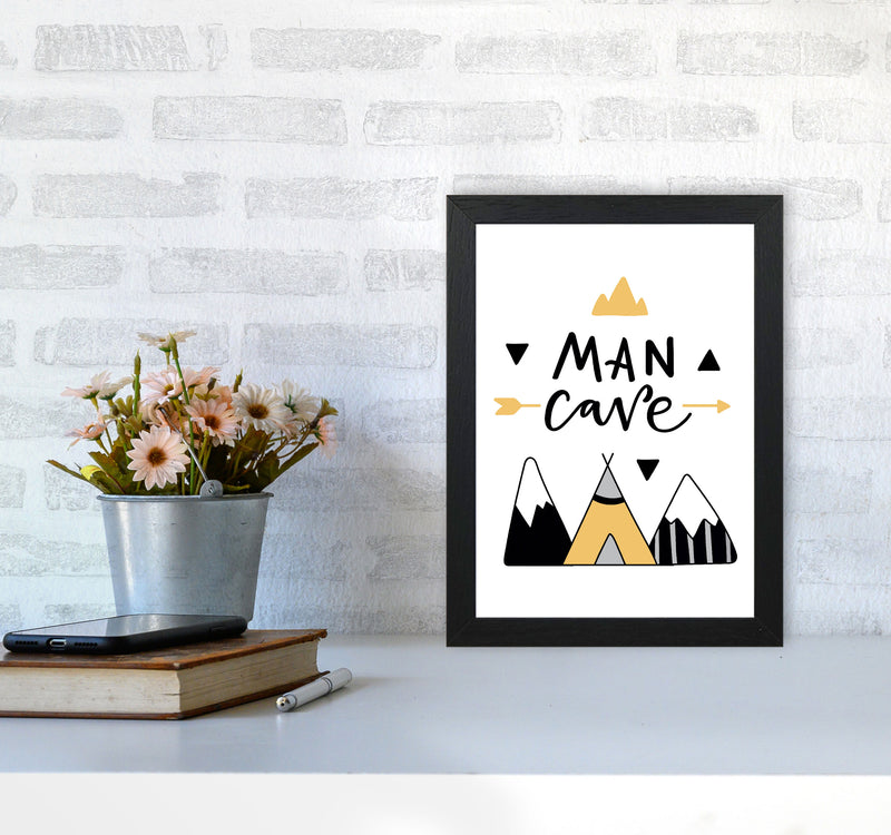 Man Cave Mountains Mustard And Black Framed Typography Wall Art Print A4 White Frame