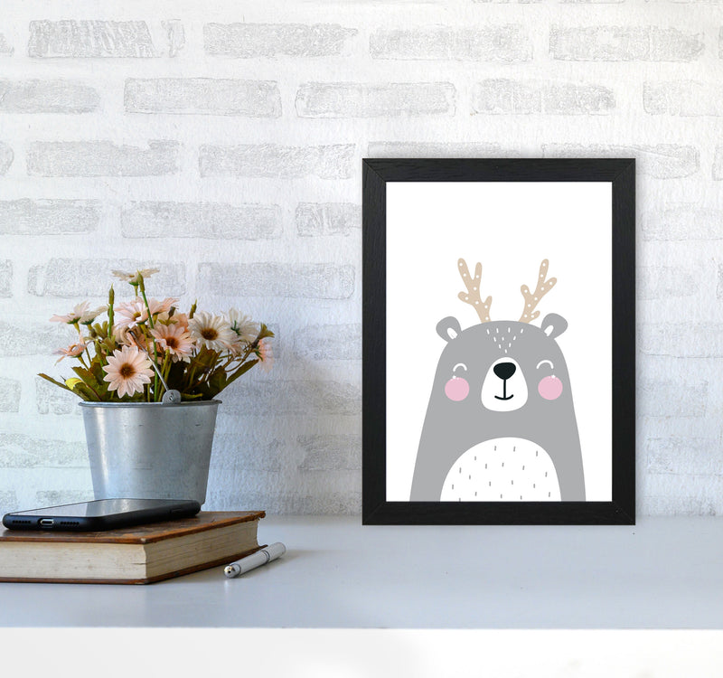 Grey Bear With Antlers Modern Print Animal Art Print A4 White Frame
