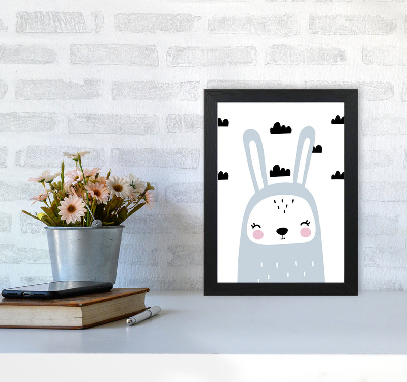 Blue Scandi Bunny With Clouds Modern Print Animal Art Print A4 White Frame