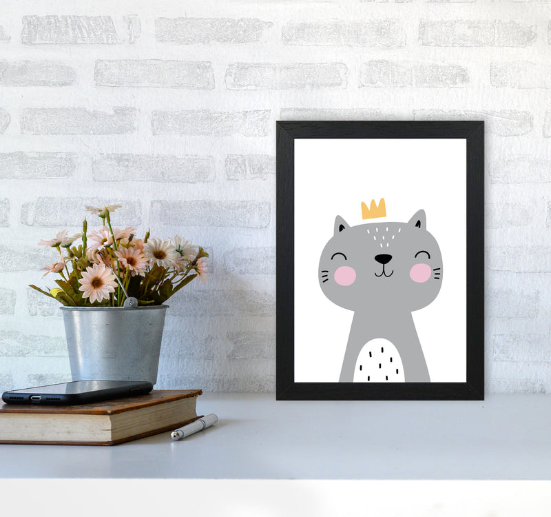 Grey Scandi Cat With Crown Modern Print Animal Art Print A4 White Frame