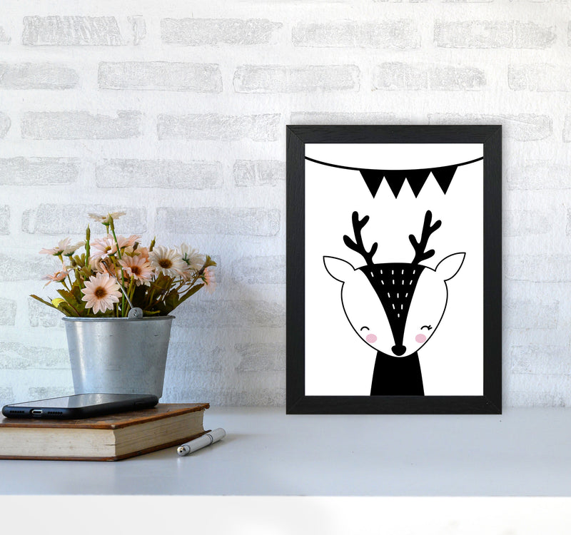 Scandi Black Deer With Banner Framed Nursey Wall Art Print A4 White Frame