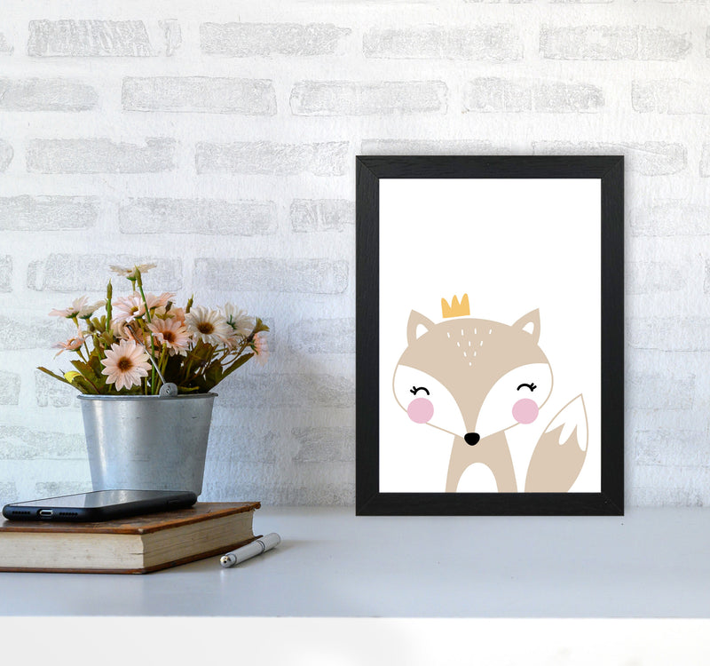 Scandi Beige Fox With Crown Framed Nursey Wall Art Print A4 White Frame