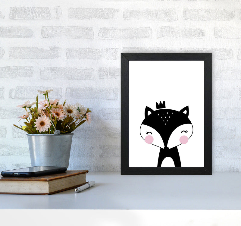 Scandi Black Fox With Crown Framed Nursey Wall Art Print A4 White Frame
