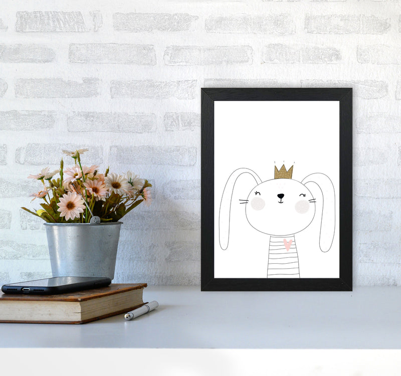 Scandi Cute Bunny With Crown Framed Nursey Wall Art Print A4 White Frame