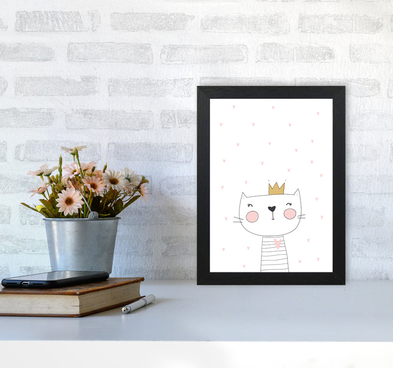 Scandi Cute Cat With Crown And Stars Framed Nursey Wall Art Print A4 White Frame