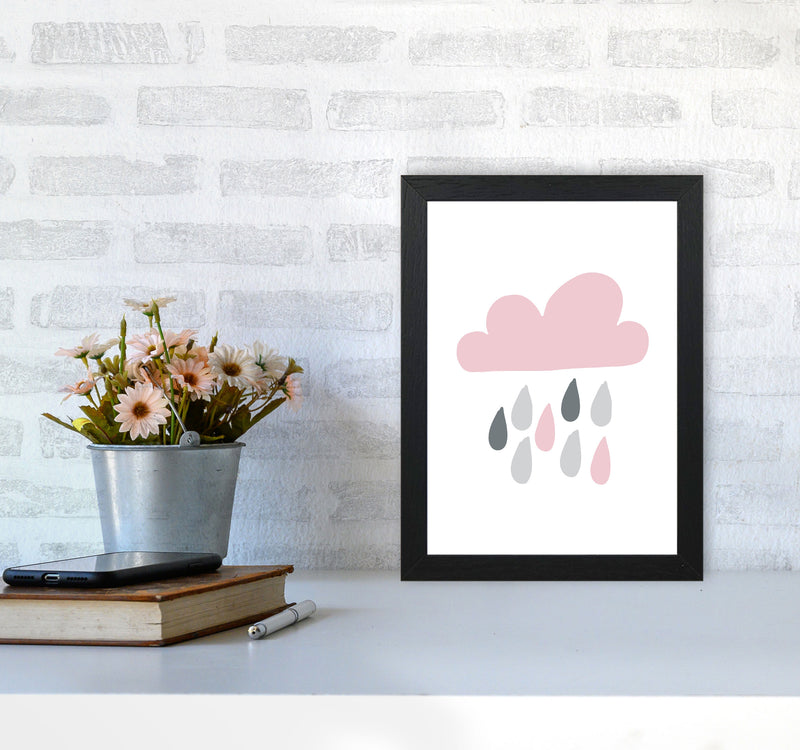 Pink And Grey Rain Cloud Framed Nursey Wall Art Print A4 White Frame