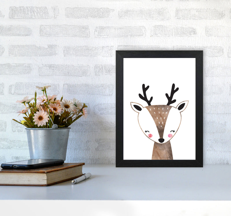 Scandi Brown Deer Watercolour Framed Nursey Wall Art Print A4 White Frame