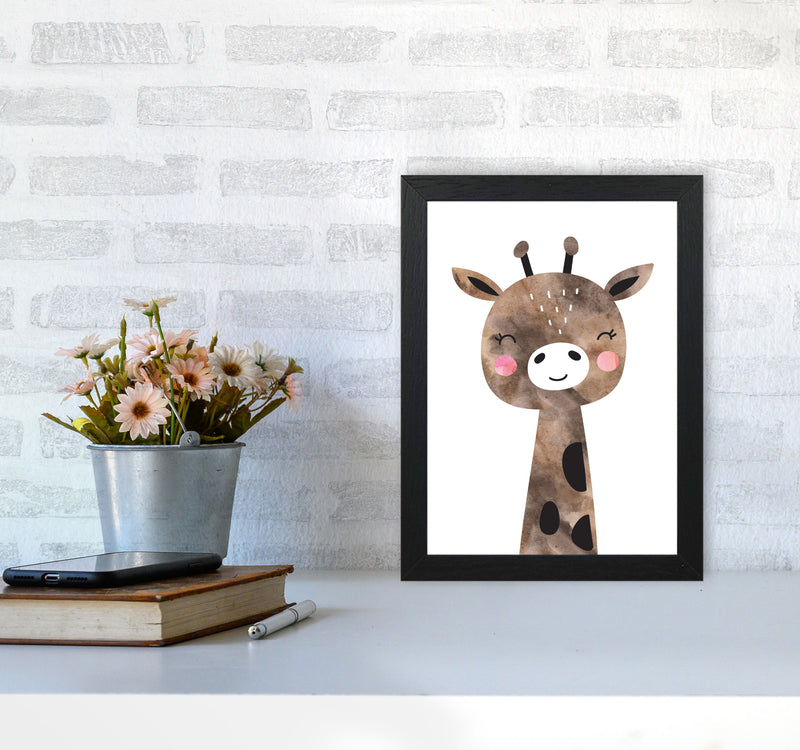 Scandi Brown Giraffe Watercolour Framed Nursey Wall Art Print A4 White Frame