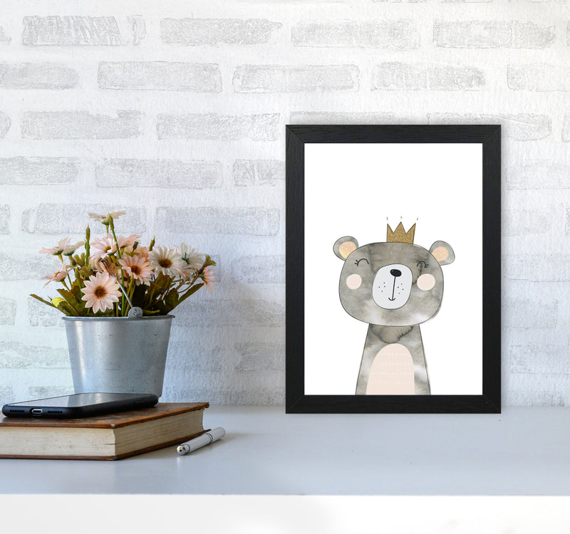 Scandi Grey Bear Watercolour Framed Nursey Wall Art Print A4 White Frame