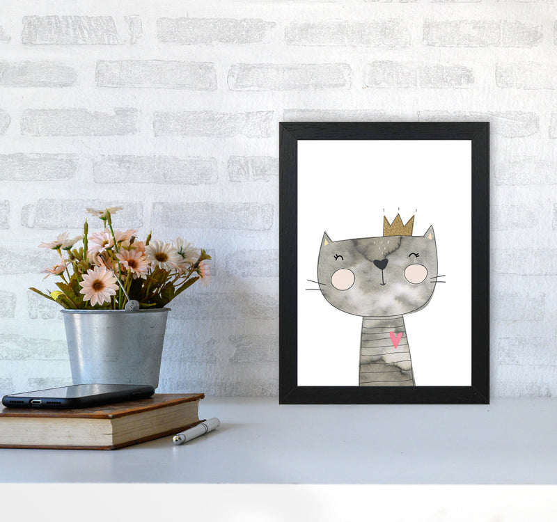 Scandi Grey Cat Watercolour Framed Nursey Wall Art Print A4 White Frame