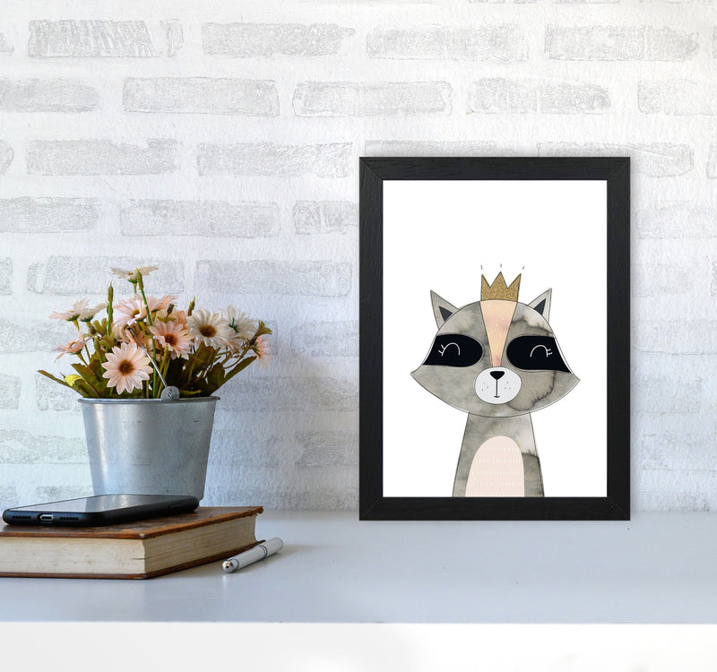 Scandi Grey Raccoon Watercolour Framed Nursey Wall Art Print A4 White Frame