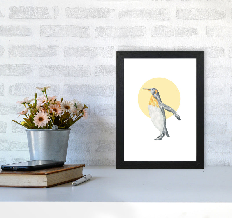 Watercolour Penguin With Yellow Circle Modern Print, Animal Art Print A4 White Frame