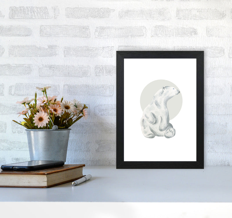 Watercolour Polar Bear With Grey Circle Modern Print, Animal Art Print A4 White Frame