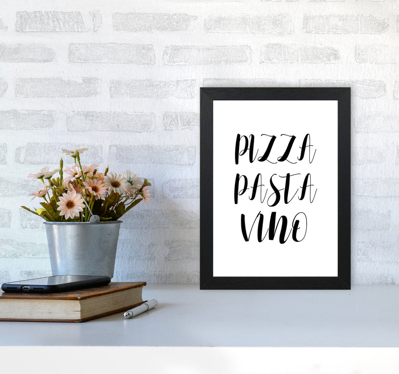 Pizza Pasta Vino Modern Print, Framed Kitchen Wall Art A4 White Frame