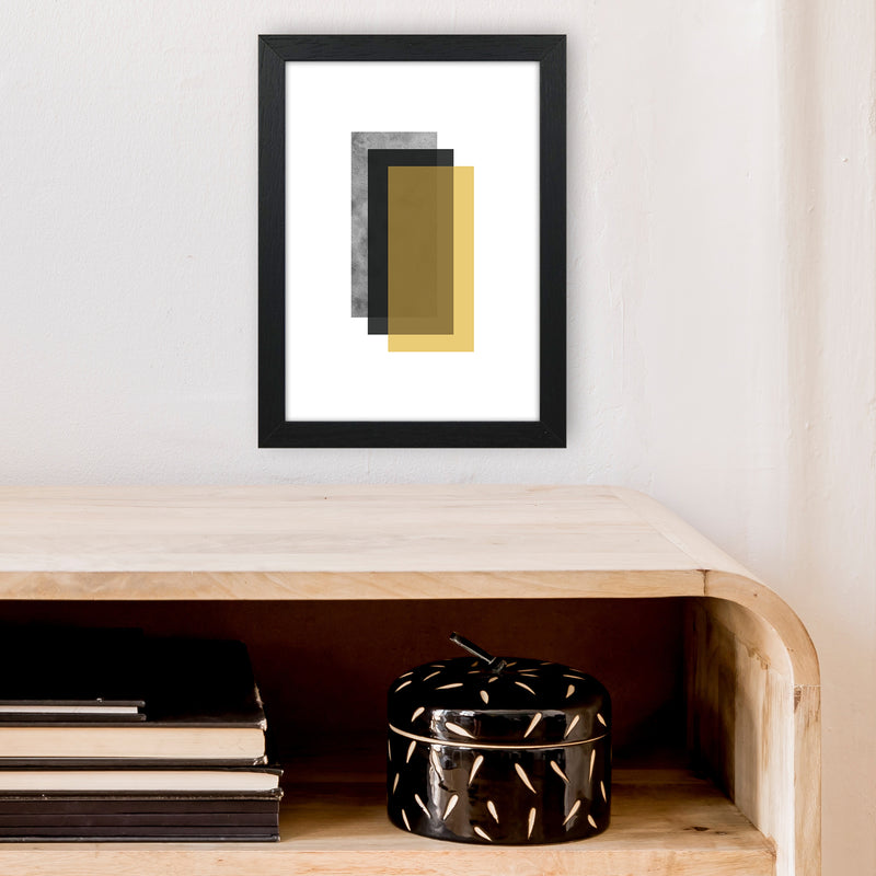 Geometric Mustard And Black Rectangles  Art Print by Pixy Paper A4 White Frame