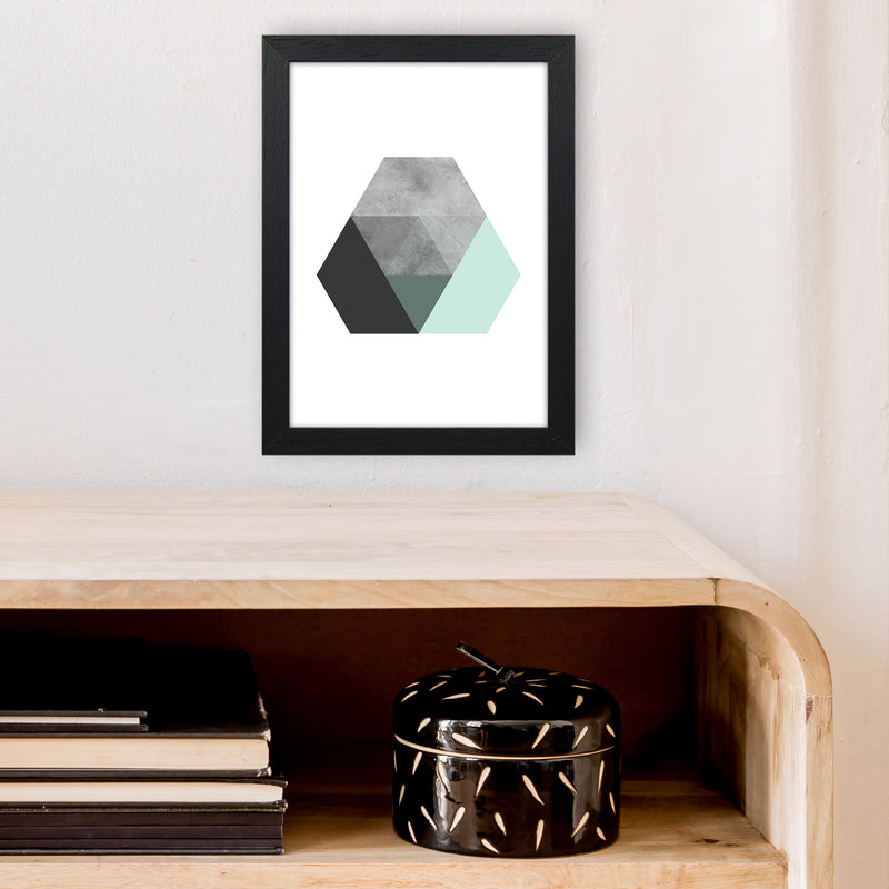 Geometric Mint And Black Hexagon  Art Print by Pixy Paper A4 White Frame