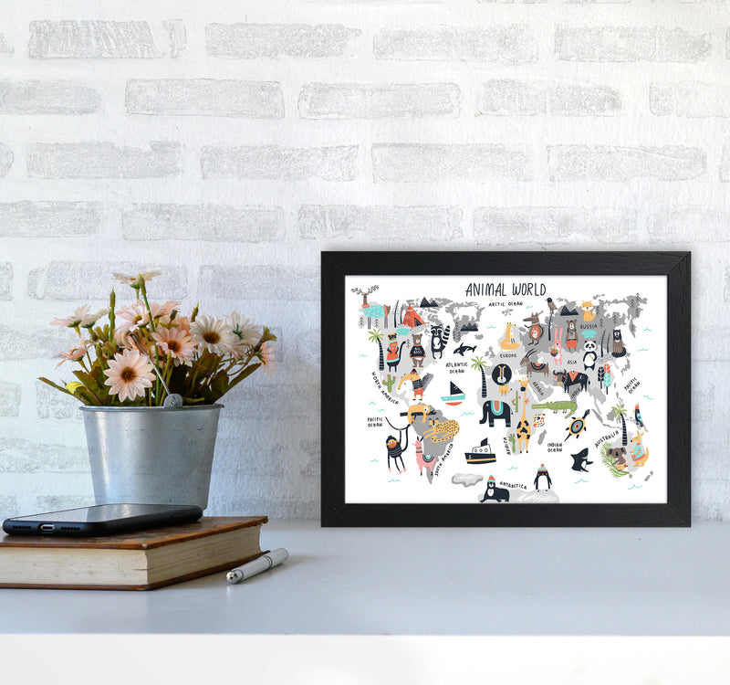 Animal World Map  Art Print by Pixy Paper A4 White Frame