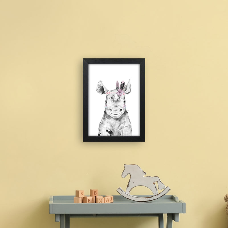 Safari Babies Rhino With Head Feathers  Art Print by Pixy Paper A4 White Frame