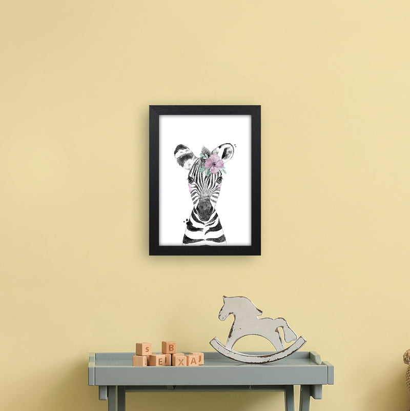 Safari Babies Zebra With Flower  Art Print by Pixy Paper A4 White Frame