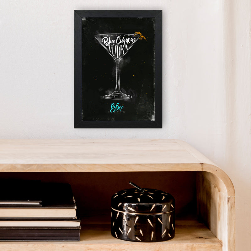 Blue Lagoon Cocktail Black  Art Print by Pixy Paper A4 White Frame