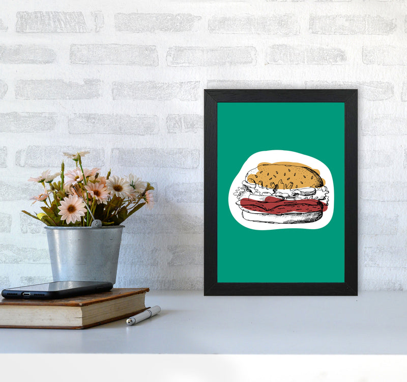 Kitchen Pop Burger Teal Art Print by Pixy Paper A4 White Frame