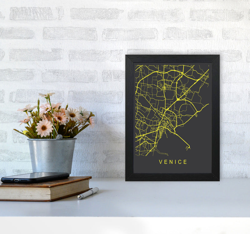 Venice Map Neon Art Print by Pixy Paper A4 White Frame