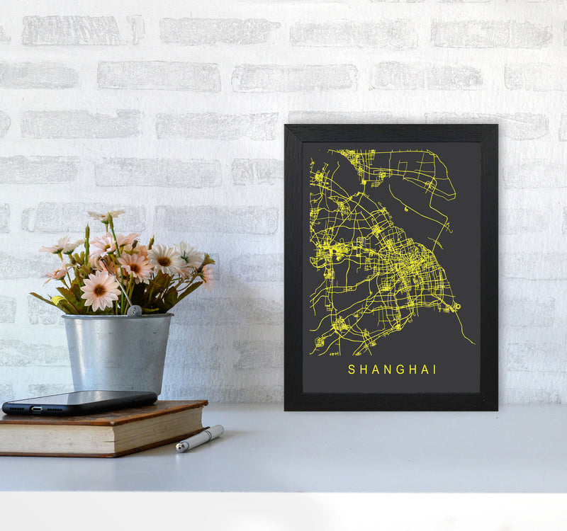 Shanghai Map Neon Art Print by Pixy Paper A4 White Frame