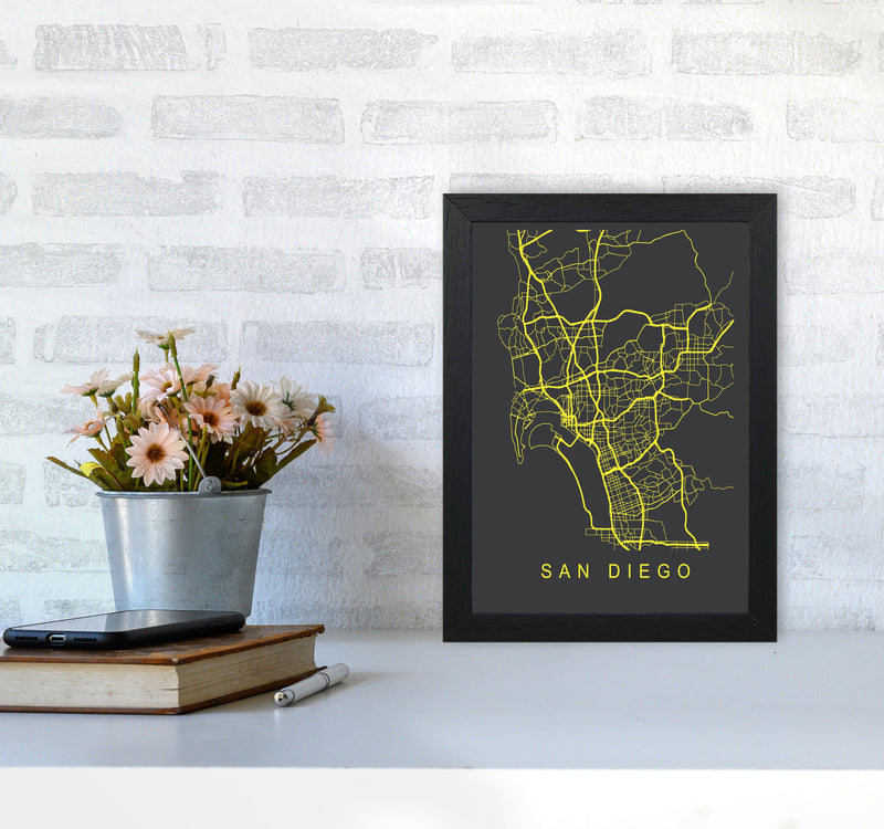 San Diego Map Neon Art Print by Pixy Paper A4 White Frame