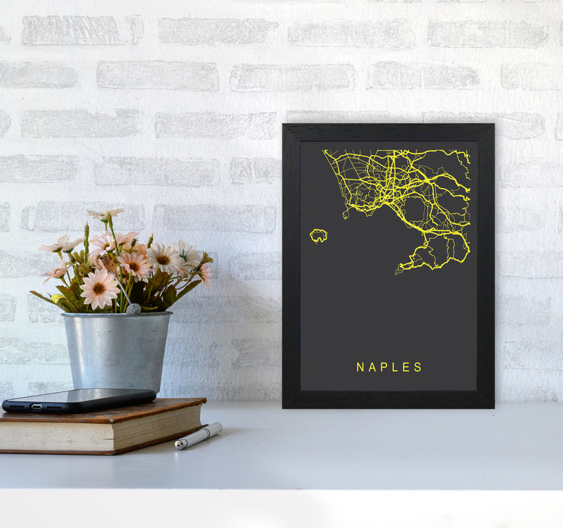 Naples Map Neon Art Print by Pixy Paper A4 White Frame