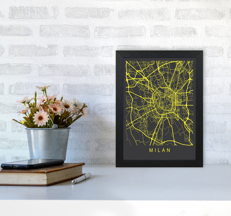 Milan Map Neon Art Print by Pixy Paper A4 White Frame