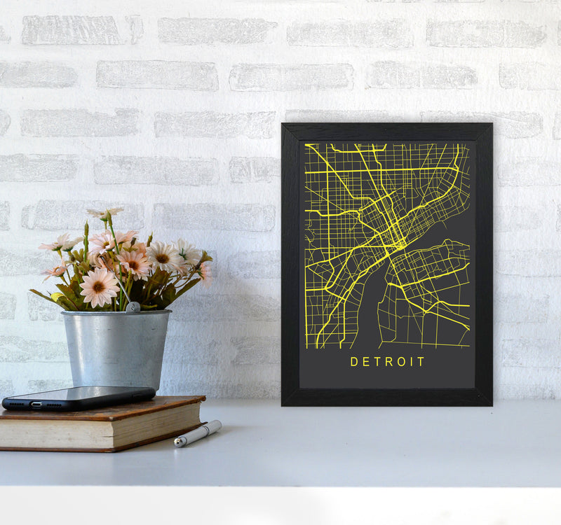 Detroit Map Neon Art Print by Pixy Paper A4 White Frame