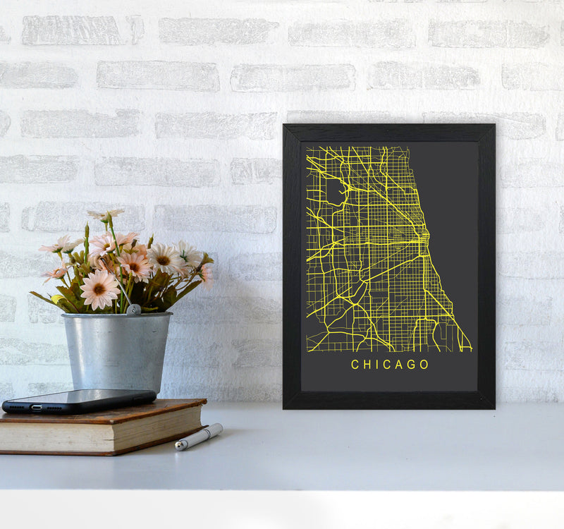 Chicago Map Neon Art Print by Pixy Paper A4 White Frame
