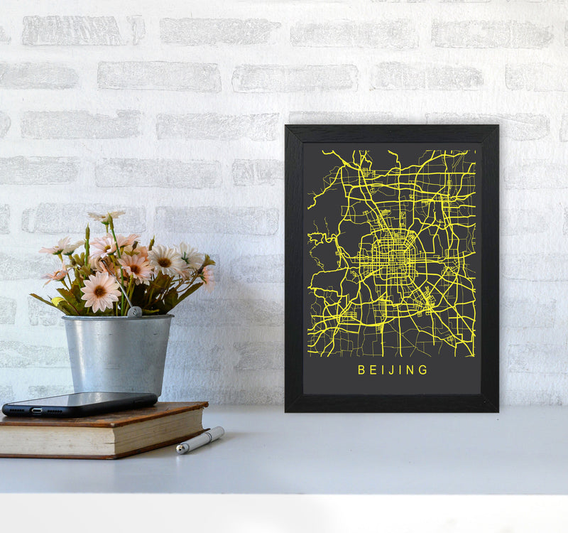 Beijing Map Neon Art Print by Pixy Paper A4 White Frame