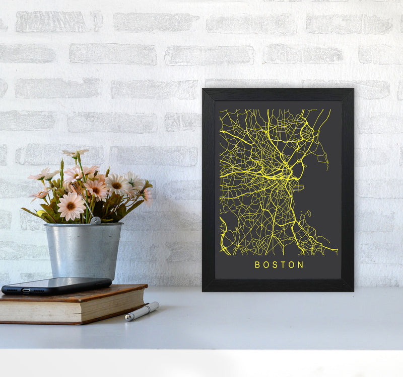 Boston Map Neon Art Print by Pixy Paper A4 White Frame