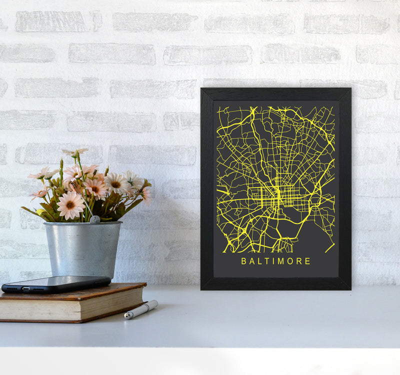 Baltimore Map Neon Art Print by Pixy Paper A4 White Frame