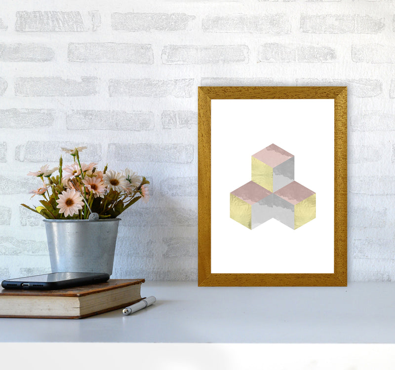 Gold, Pink And Grey Abstract Cubes Modern Print A4 Print Only