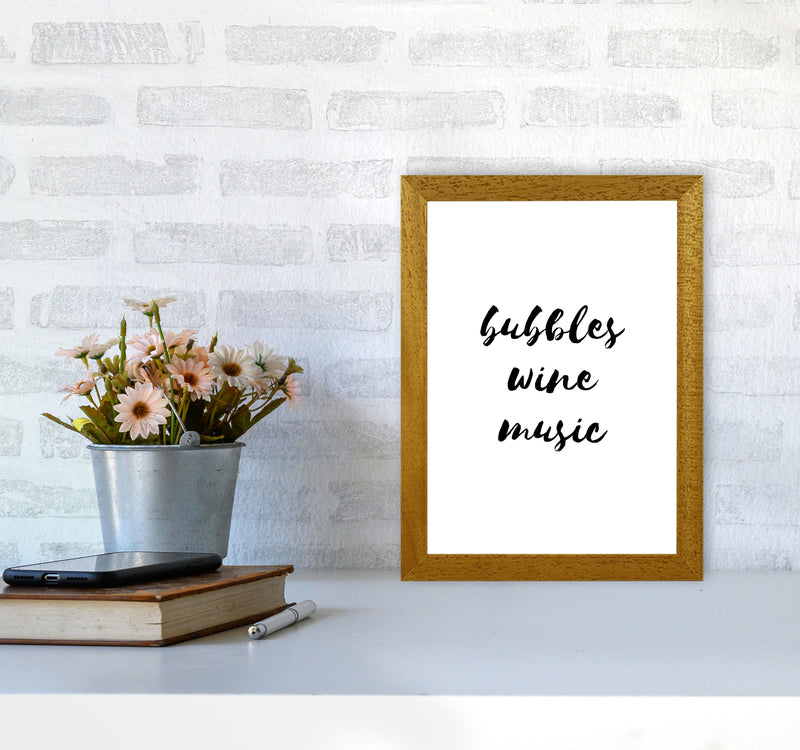 Bubbles Wine Music, Bathroom Framed Typography Wall Art Print A4 Print Only