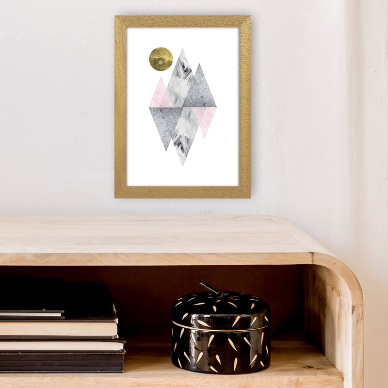 Luna Pink And Grey Diamonds With Gold Moon  Art Print by Pixy Paper A4 Print Only